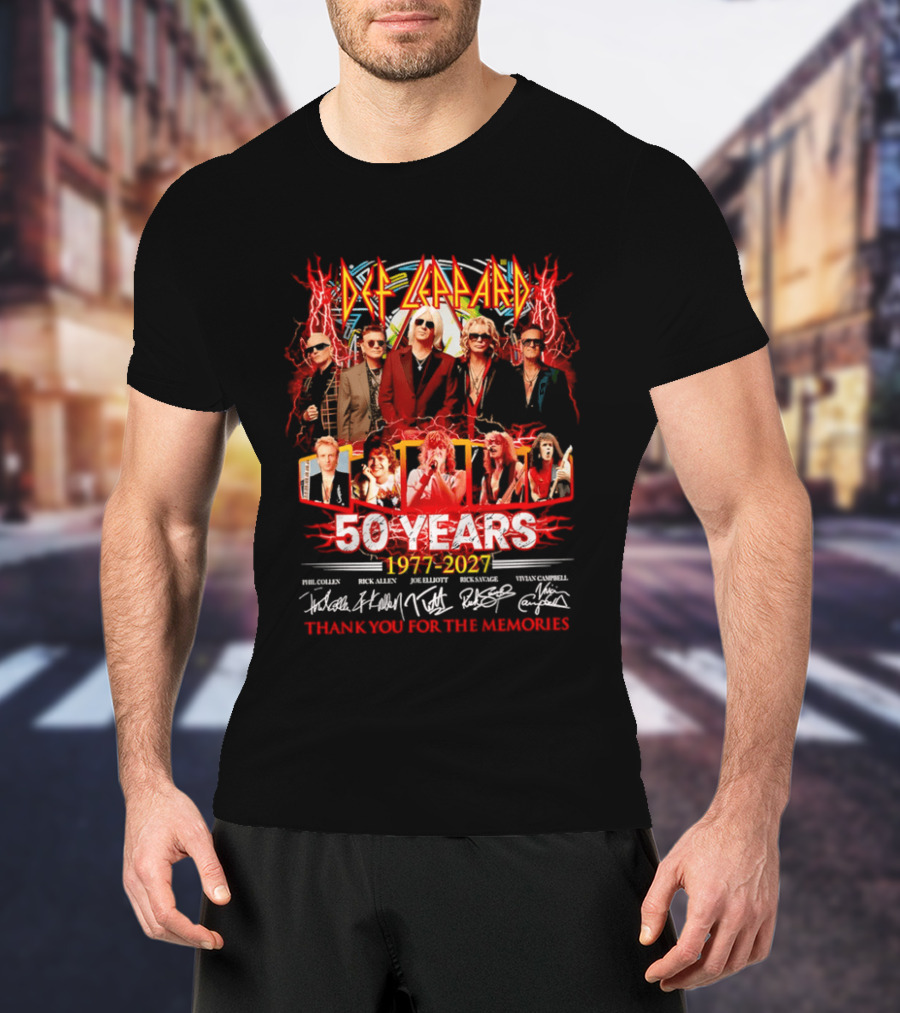 Def Leppard 50 Years 1977 2027 Thank You For The Memories Rock Legends Celebration Autographed Collage T-Shirt