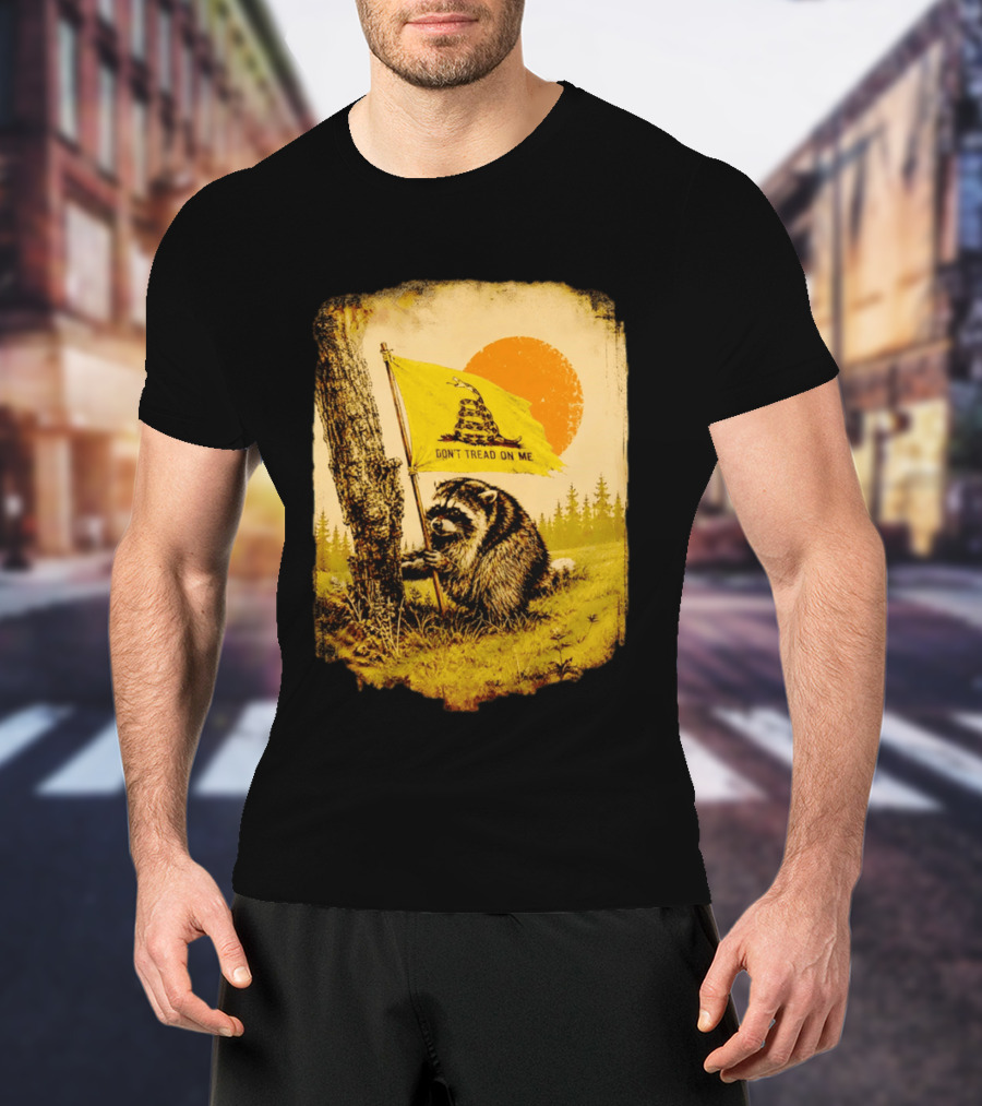 Don't Tread On Me Raccoon Holding Gadsden Flag Rustic Sun T-Shirt