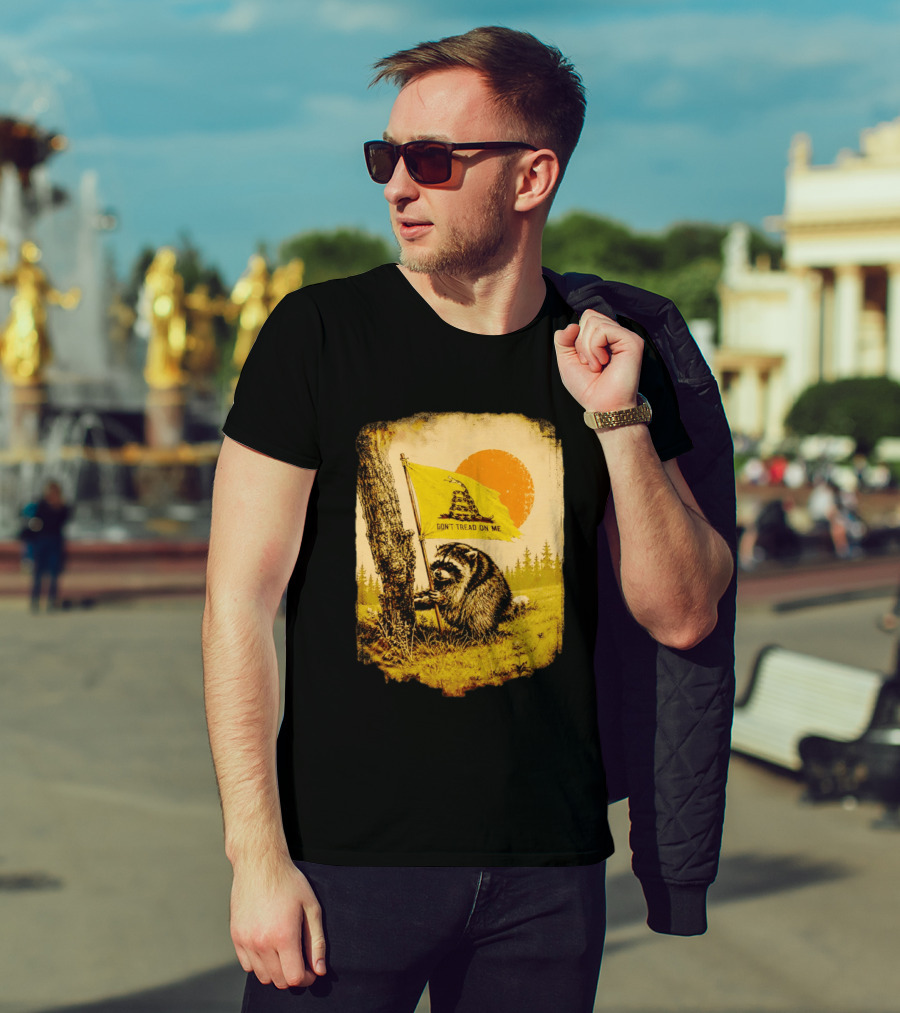 Don't Tread On Me Raccoon Holding Gadsden Flag Rustic Sun T-Shirt