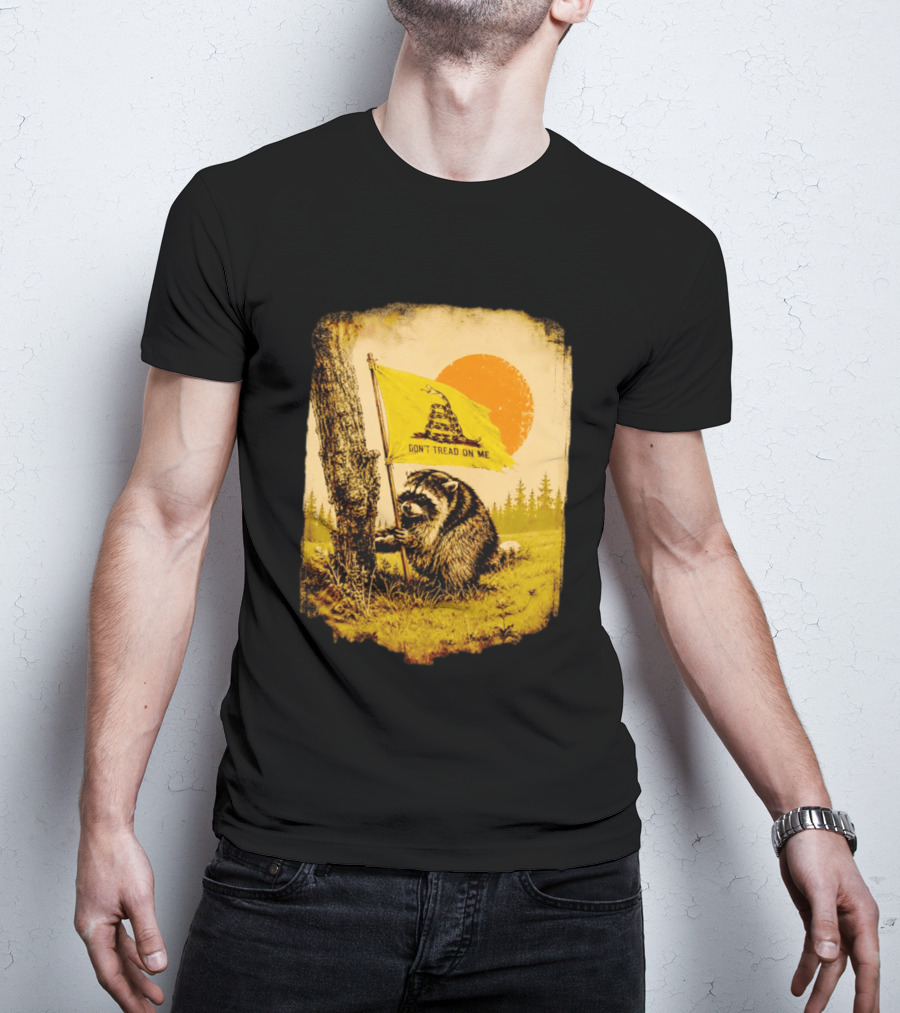 Don't Tread On Me Raccoon Holding Gadsden Flag Rustic Sun T-Shirt
