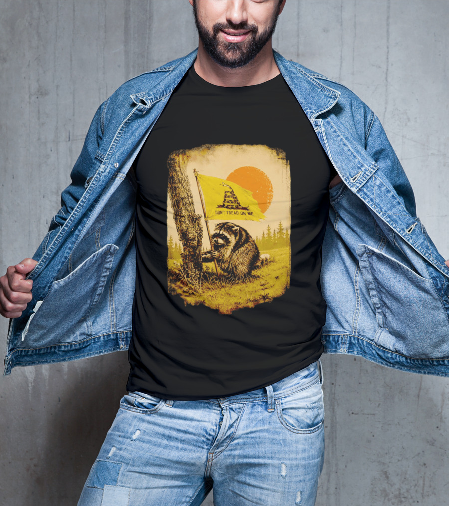 Don't Tread On Me Raccoon Holding Gadsden Flag Rustic Sun T-Shirt