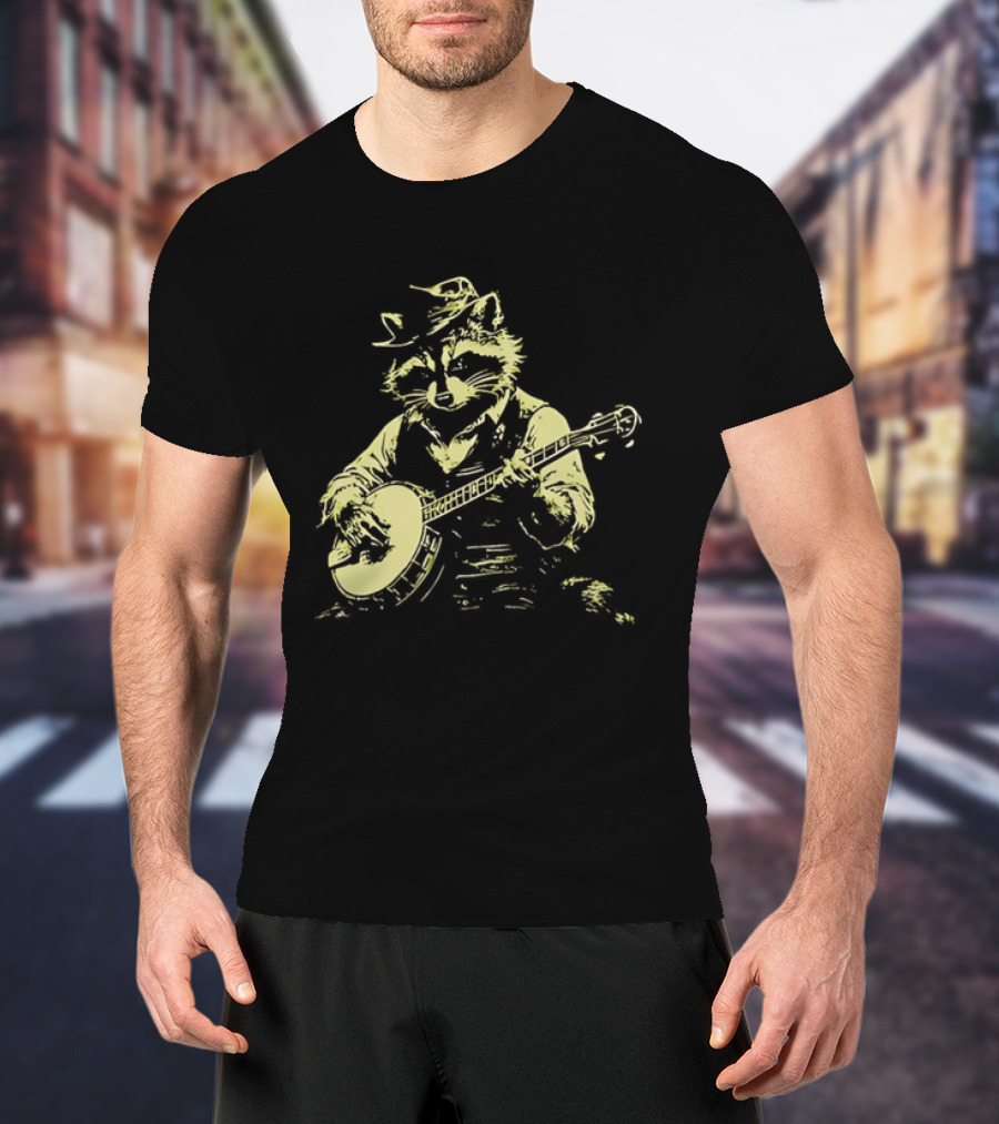 Raccoon Strumming Banjo Wearing Hat And Vest T-Shirt