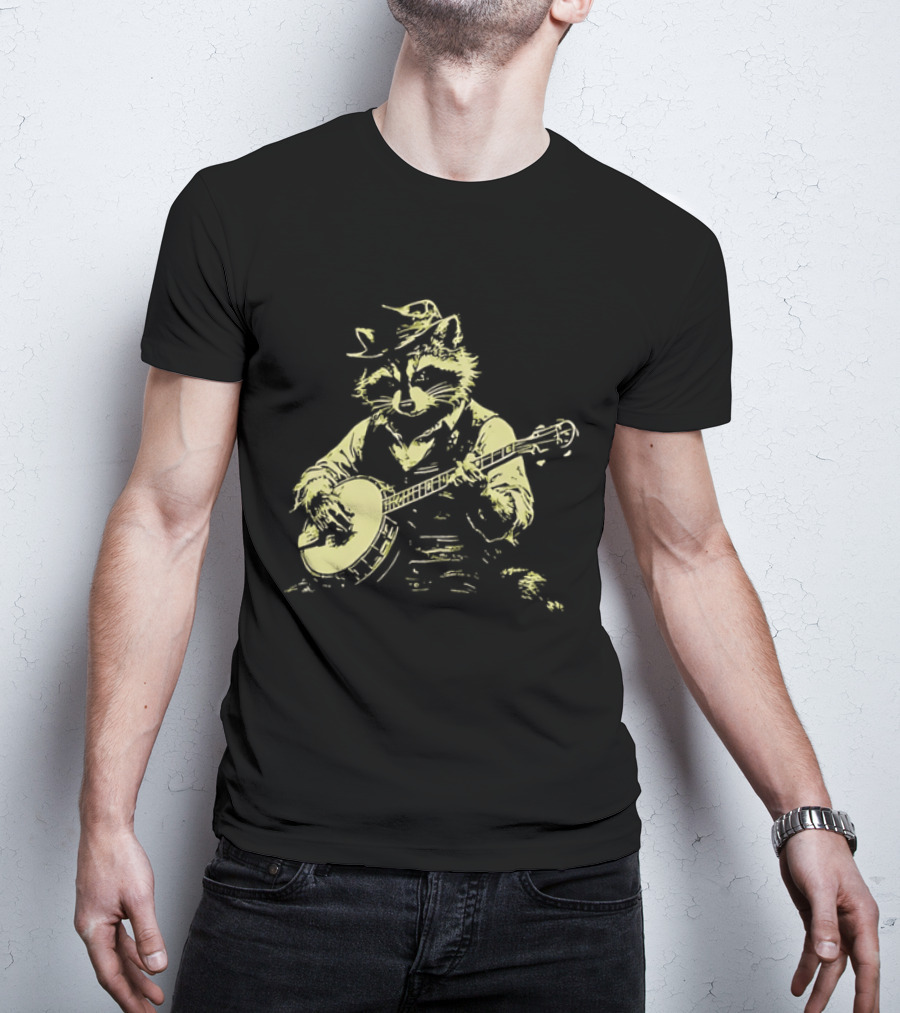 Raccoon Strumming Banjo Wearing Hat And Vest T-Shirt