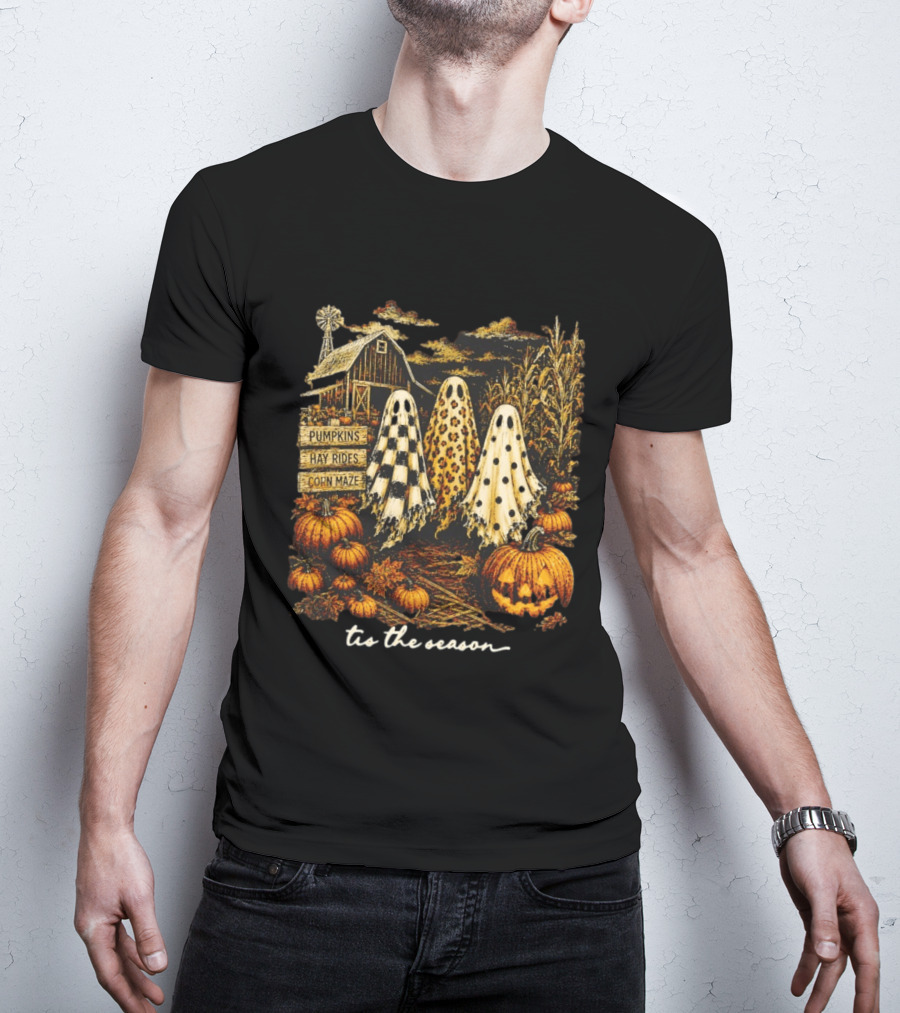 Tis The Season Halloween Ghosts Trio Pumpkins Hay Rides Corn Maze Spooky Autumn T-Shirt