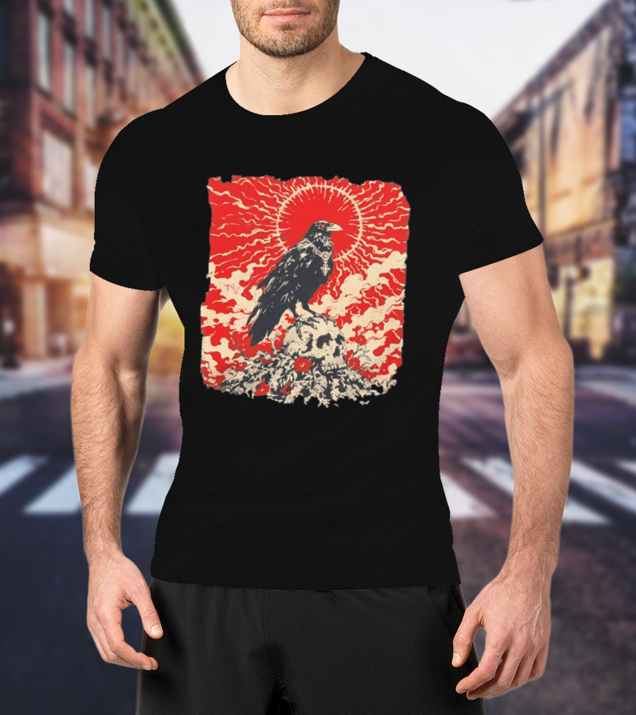 The Crow And The Skull Vintage Gothic Illustration Red Sunburst Mystical T-Shirt