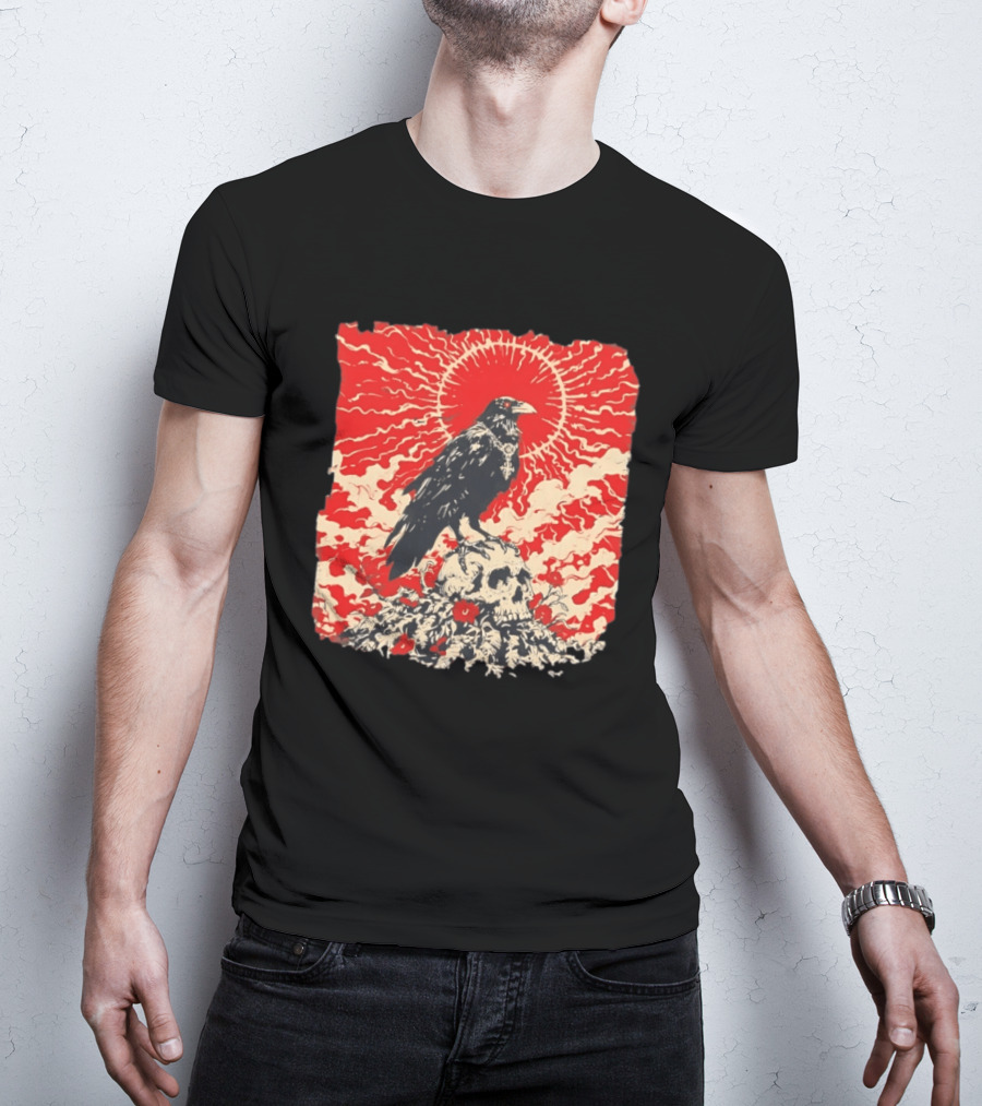 The Crow And The Skull Vintage Gothic Illustration Red Sunburst Mystical T-Shirt