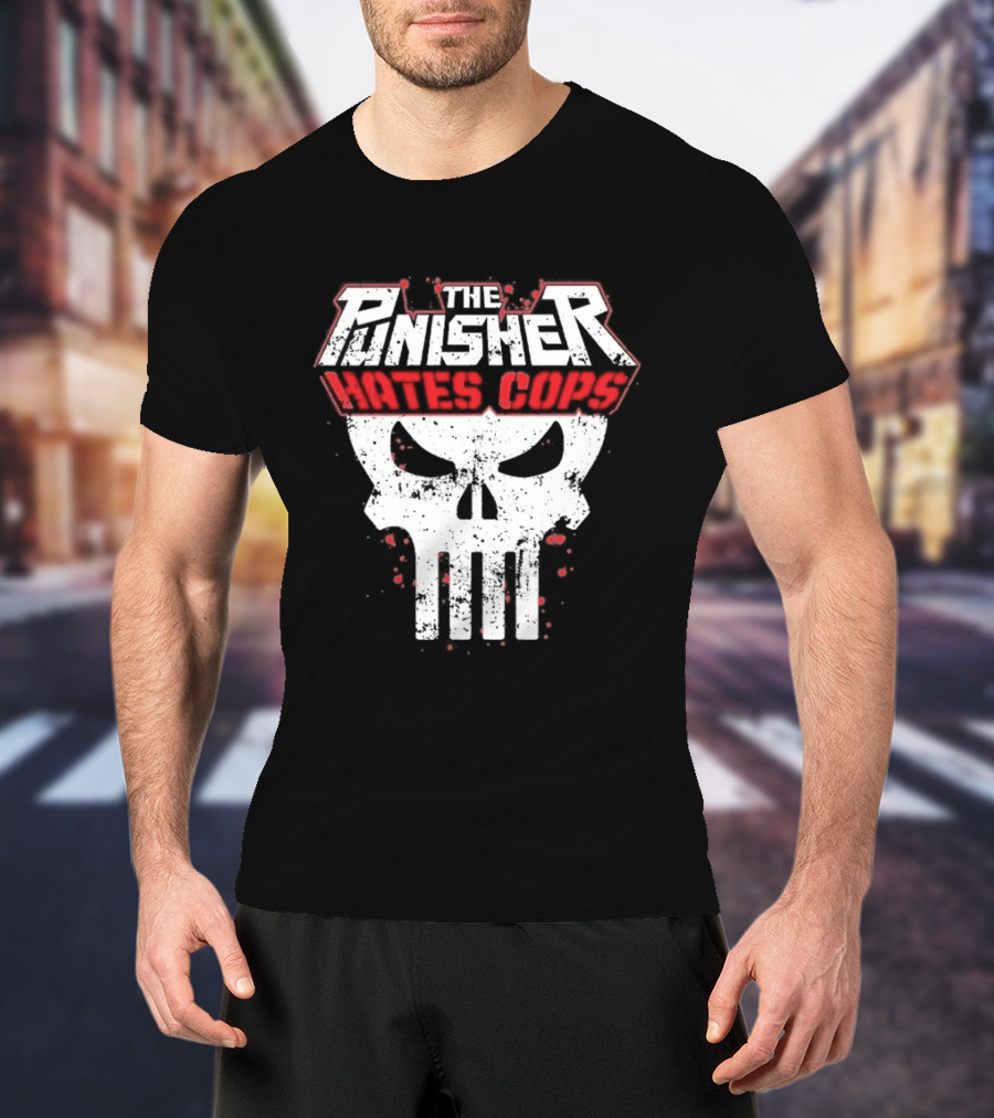 The Punisher Hates Cops Skull Symbol Red White T-Shirt
