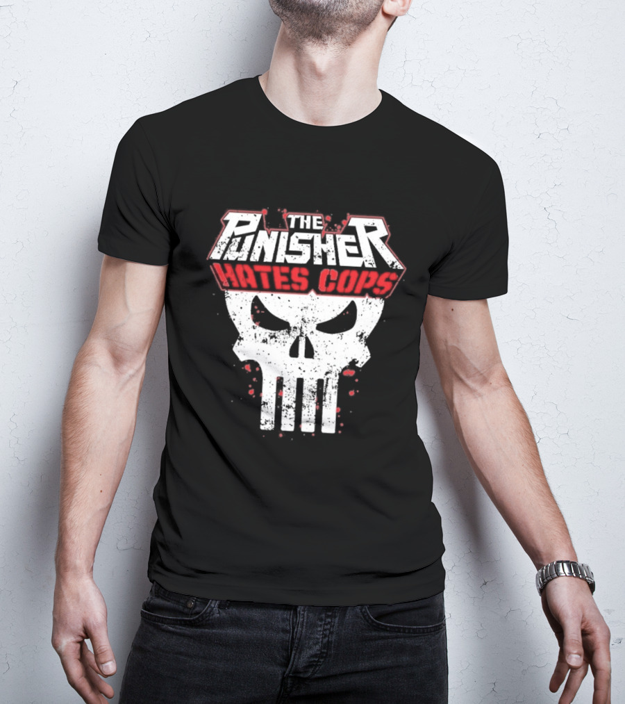 The Punisher Hates Cops Skull Symbol Red White T-Shirt