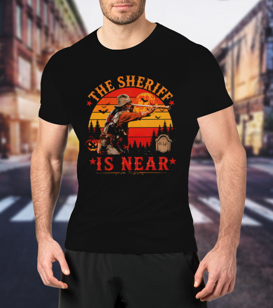 The Sheriff Is Near Halloween Cowboy Full Moon Tombstone Pumpkin Bats T-Shirt