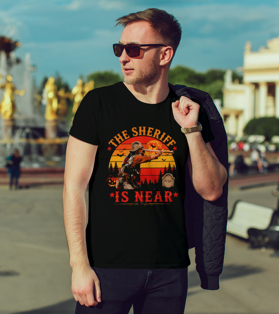 The Sheriff Is Near Halloween Cowboy Full Moon Tombstone Pumpkin Bats T-Shirt