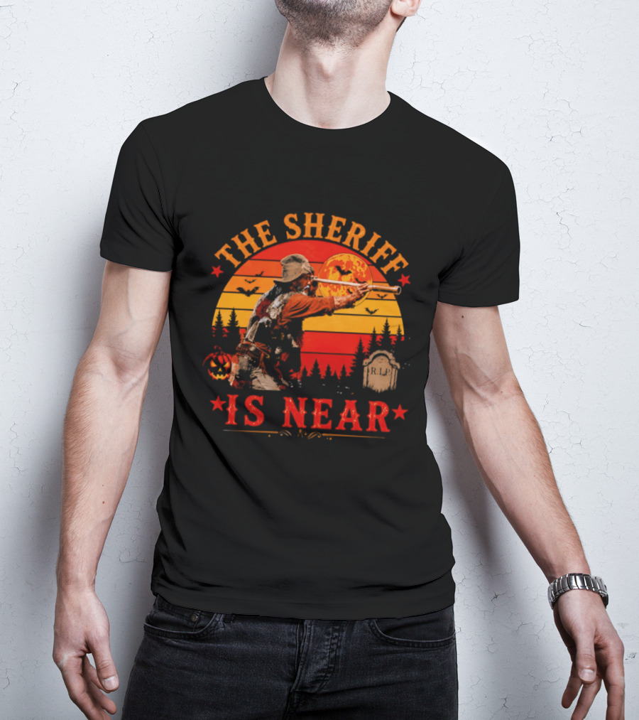 The Sheriff Is Near Halloween Cowboy Full Moon Tombstone Pumpkin Bats T-Shirt
