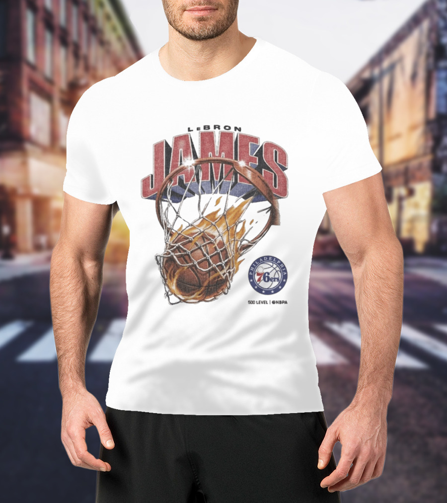 LeBron James Philadelphia 76ers Basketball Hoop Fire NBA 90s T-Shirt