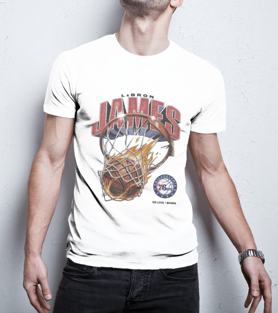 LeBron James Philadelphia 76ers Basketball Hoop Fire NBA 90s T-Shirt