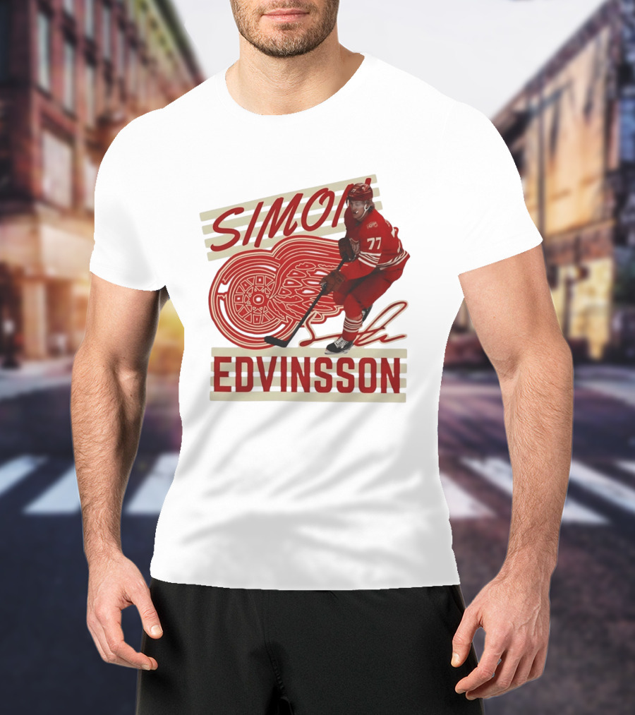 Simon Edvinsson 77 Detroit Red Wings Signature Hockey T-Shirt