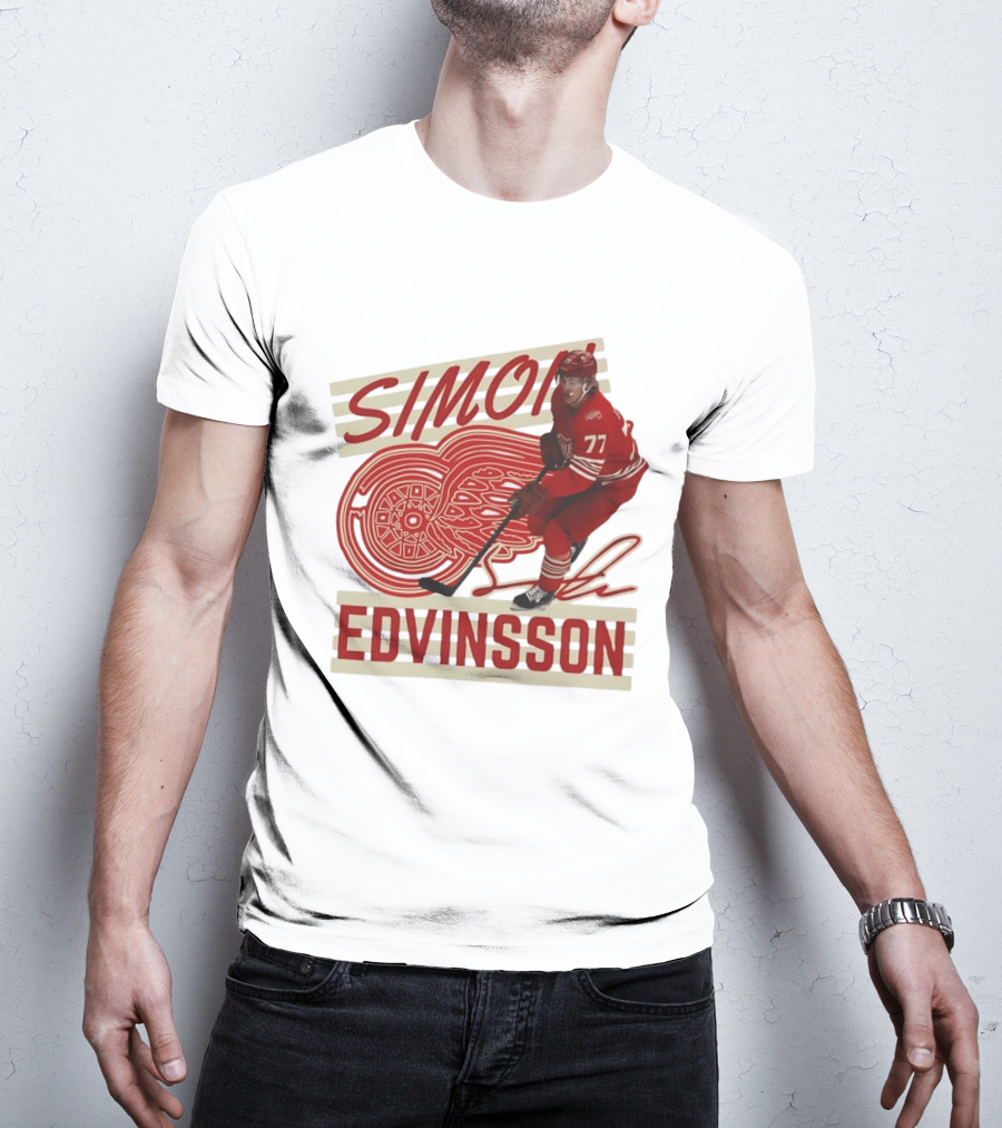 Simon Edvinsson 77 Detroit Red Wings Signature Hockey T-Shirt