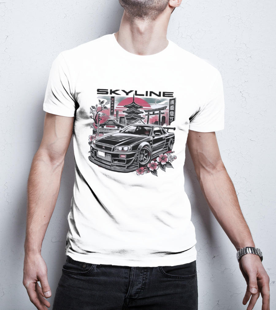 Skyline Japanese Cherry Blossom Car Pagoda Sun Blossoms T-Shirt