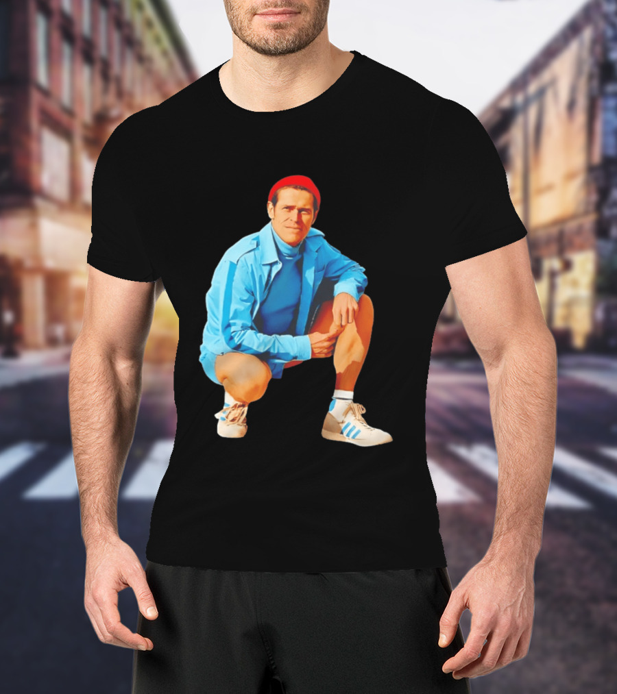 Willem Dafoe Meme Red Beanie Blue Tracksuit Squatting Pose T-Shirt