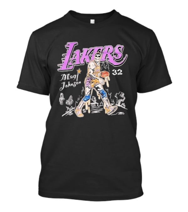 Lakers Magic Johnson 32 Skull Basketball Dribbling T-Shirt
