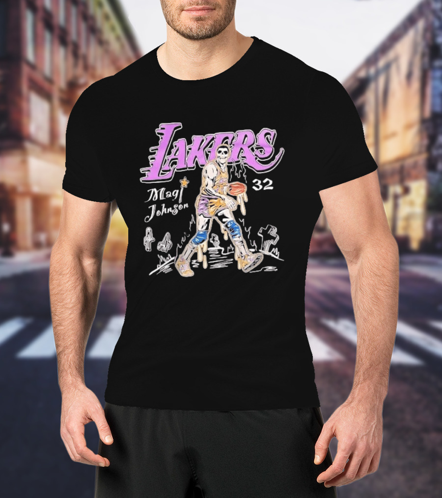 Lakers Magic Johnson 32 Skull Basketball Dribbling T-Shirt