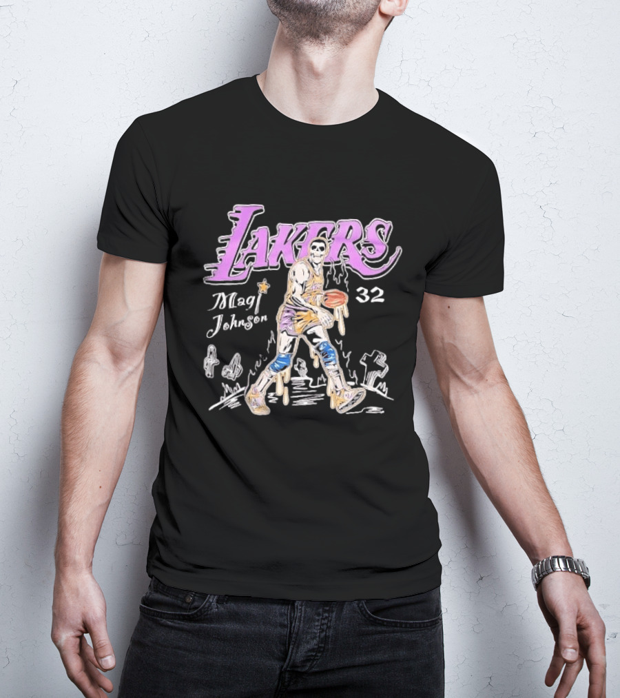 Lakers Magic Johnson 32 Skull Basketball Dribbling T-Shirt
