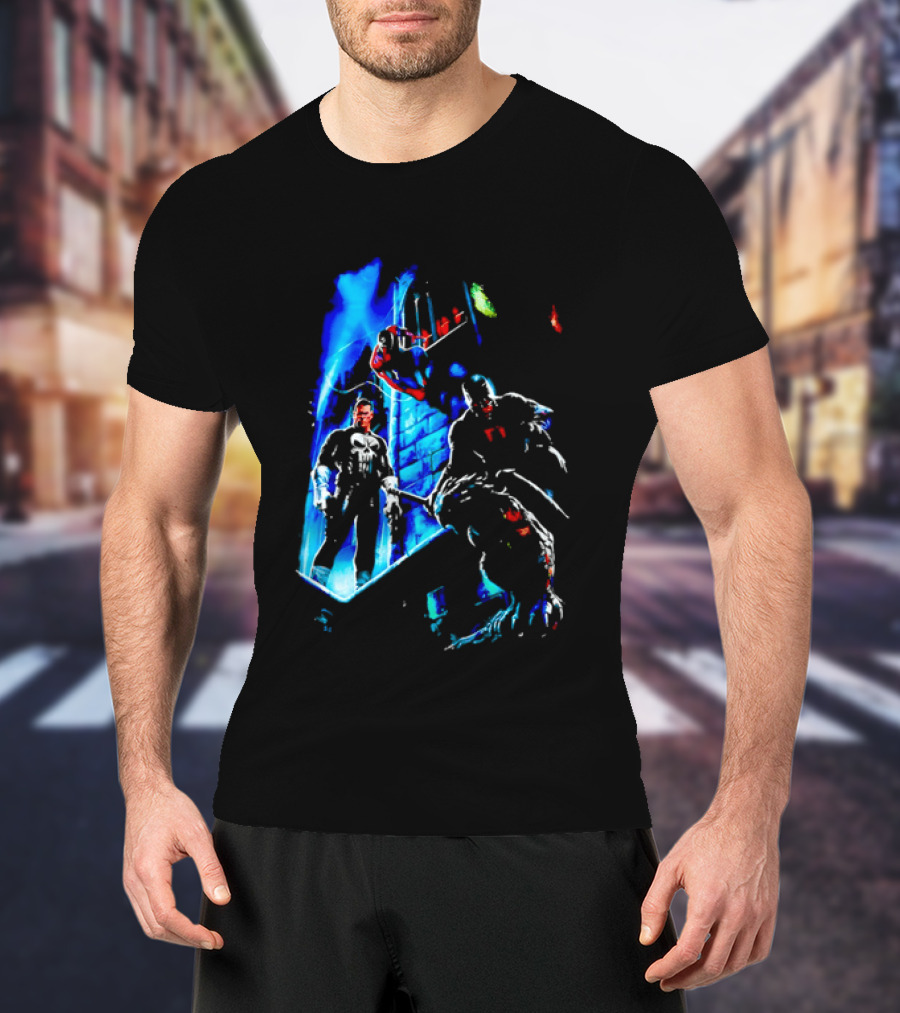 Marvel Comics Vigilante Action The Punisher Spider Man Daredevil Urban Battle Scene T-Shirt