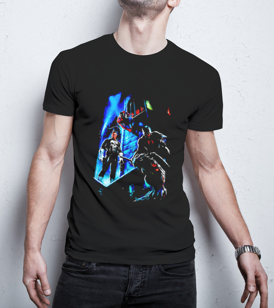 Marvel Comics Vigilante Action The Punisher Spider Man Daredevil Urban Battle Scene T-Shirt