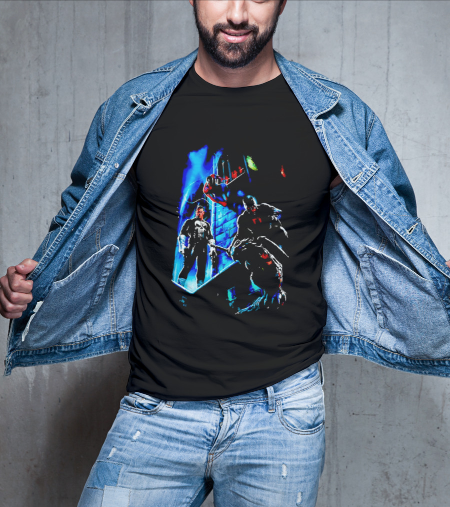 Marvel Comics Vigilante Action The Punisher Spider Man Daredevil Urban Battle Scene T-Shirt
