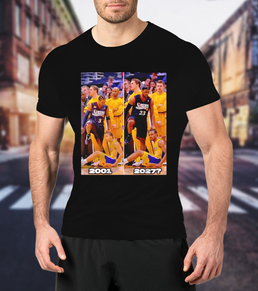2001 2027 Iverson LeBron Sixers Lakers Step Over Comparison T-Shirt