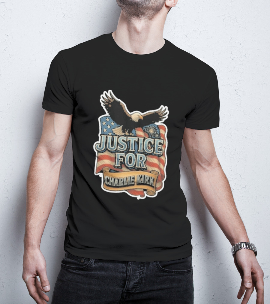 Justice For Charlie Kirk Bald Eagle American Flag Banner T-Shirt