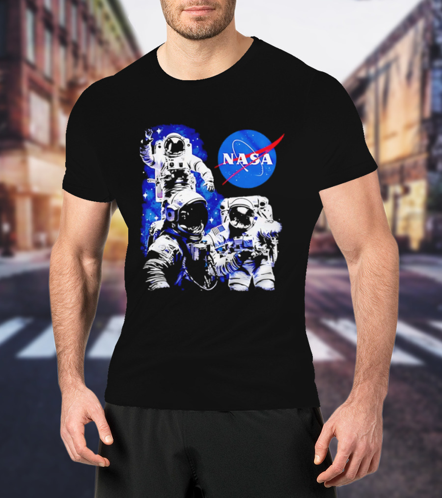 NASA Space Exploration Three Astronauts Floating In Deep Space T-Shirt