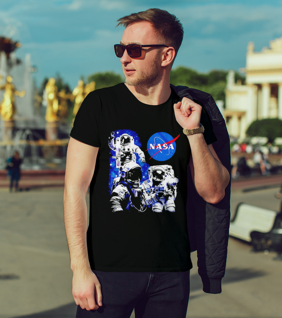 NASA Space Exploration Three Astronauts Floating In Deep Space T-Shirt