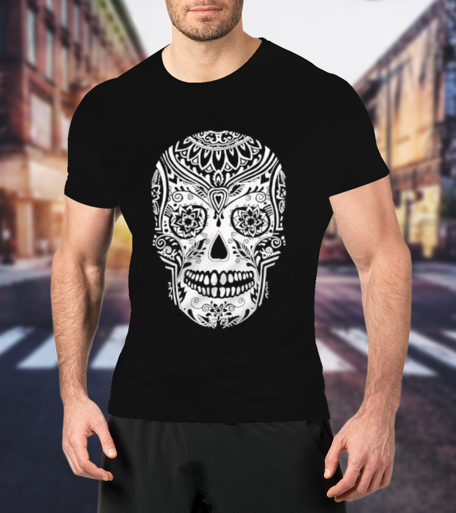 Sugar Skull Artistic Decorative Detailed Black White Intricate Motif T-Shirt