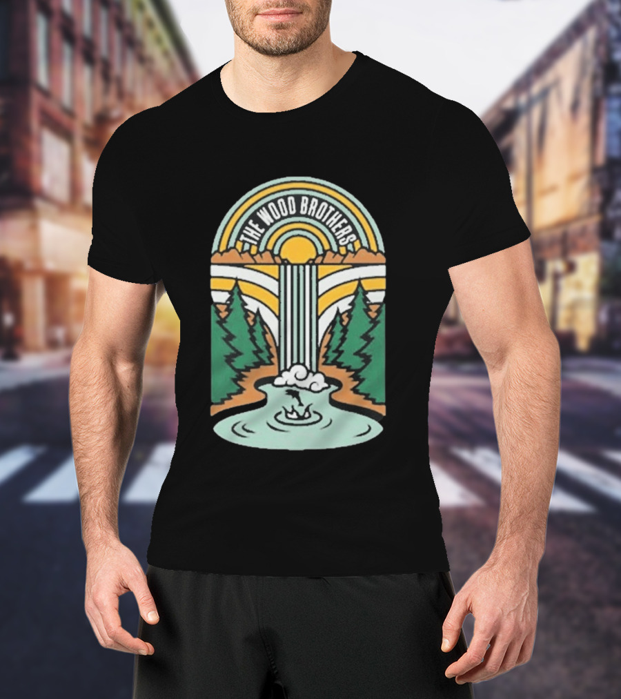 The Wood Brothers Waterfall Nature Scene With Sunburst And River Rapids T-Shirt