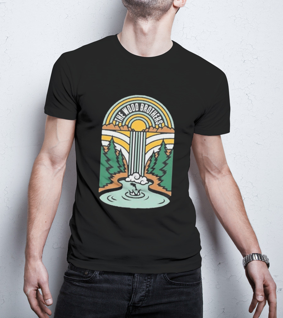 The Wood Brothers Waterfall Nature Scene With Sunburst And River Rapids T-Shirt