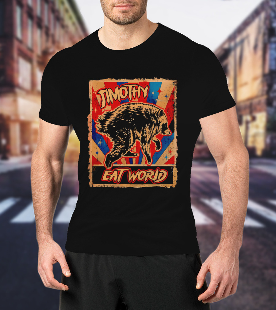 Timothy Raccoon Eat World Retro Starburst T-Shirt