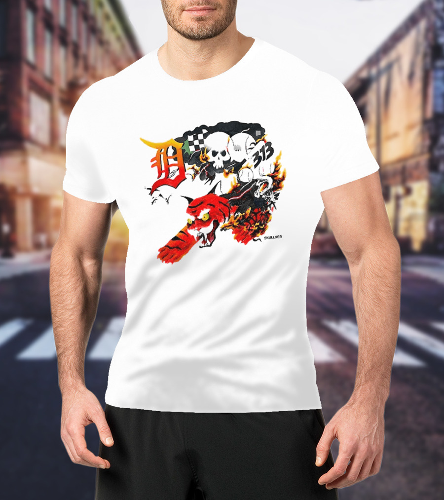 Skullxer 313 Detroit Tigers MLB 2026 With Flaming Devil And Skulls T-Shirt