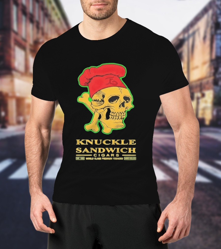 Knuckle Sandwich Cigars World Class Tobacco Skull With Red Chef Hat And Crossbones T-Shirt