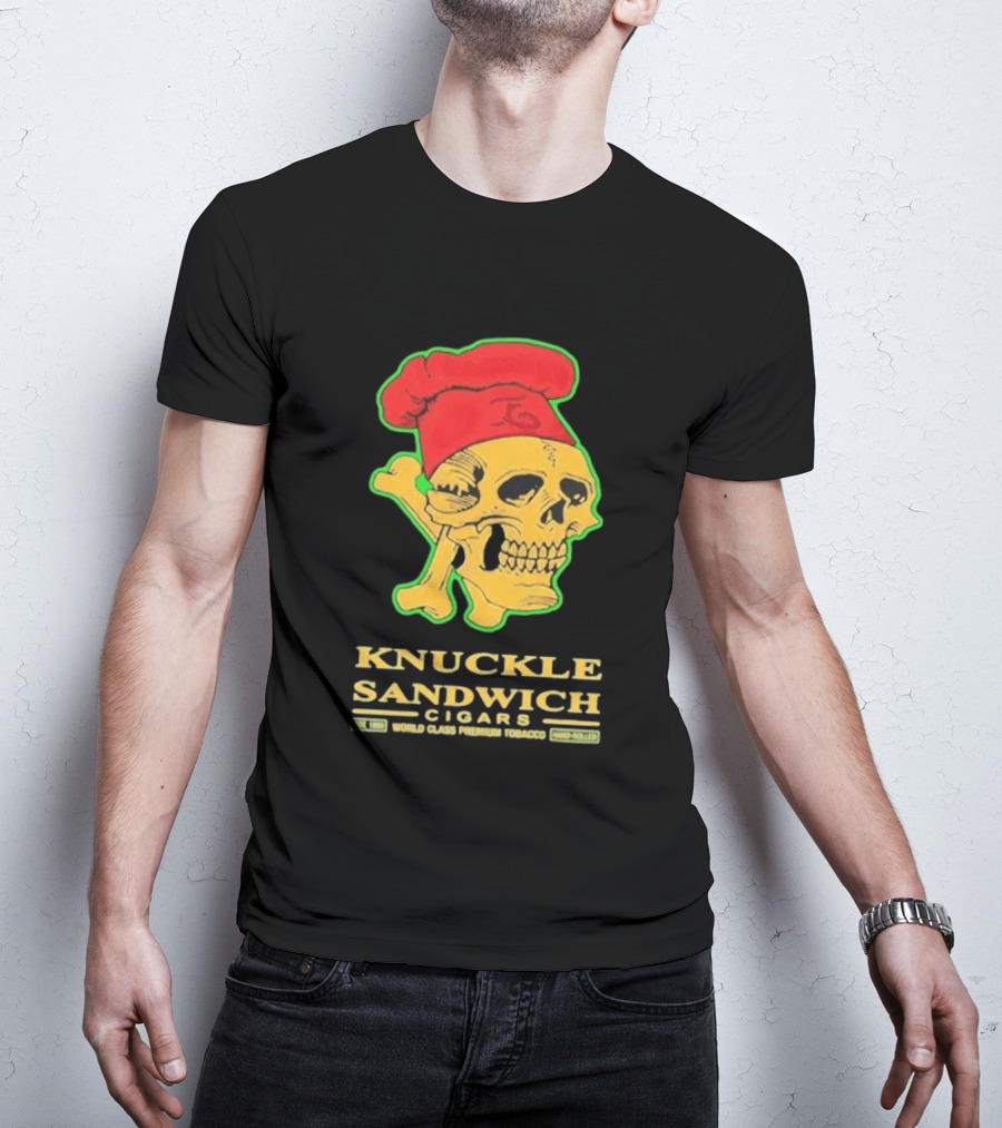 Knuckle Sandwich Cigars World Class Tobacco Skull With Red Chef Hat And Crossbones T-Shirt
