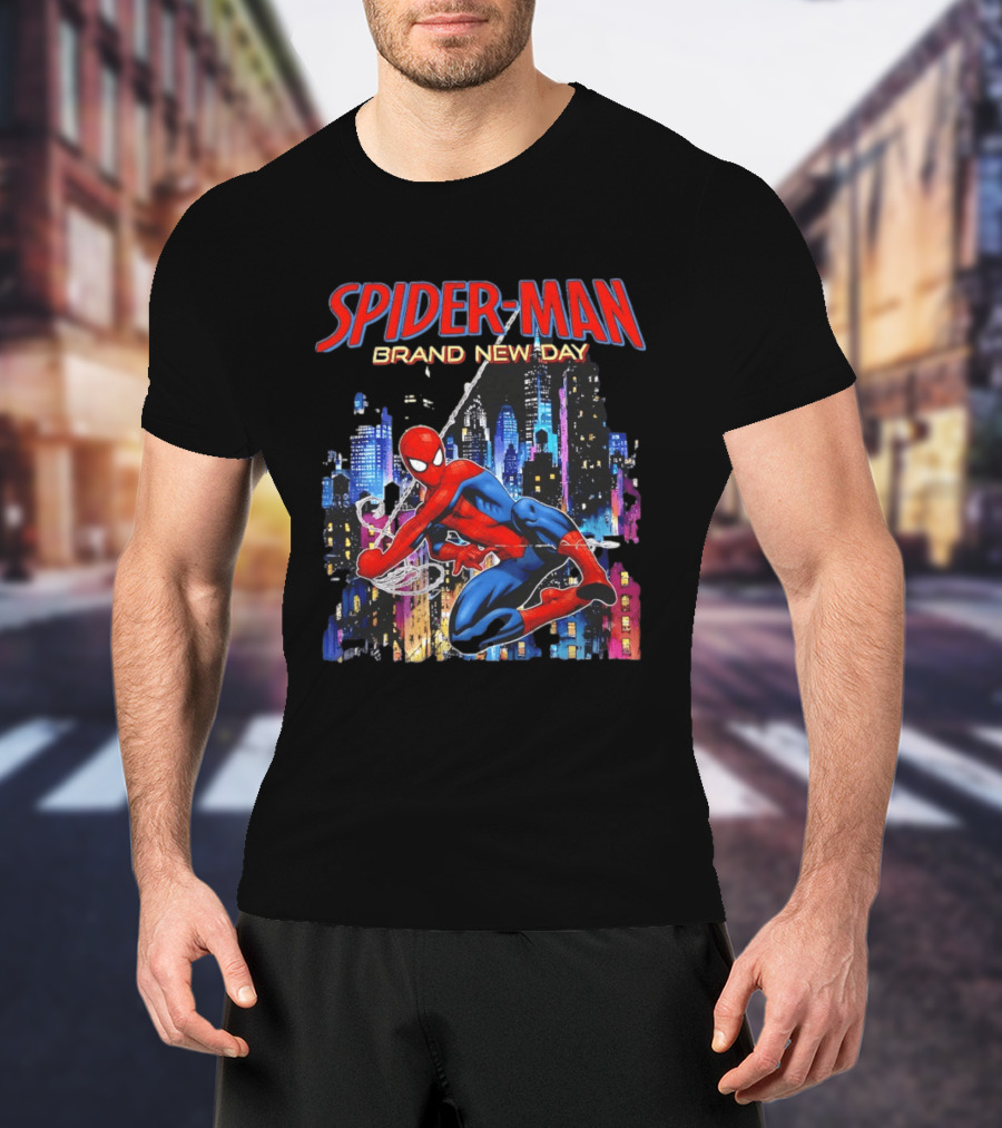 Spider Man Brand New Day Web Superhero Swinging City Night Marvel Studios T-Shirt