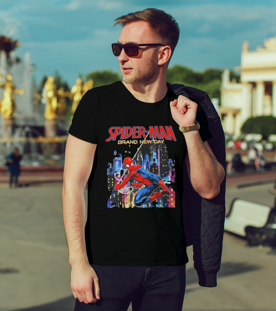 Spider Man Brand New Day Web Superhero Swinging City Night Marvel Studios T-Shirt