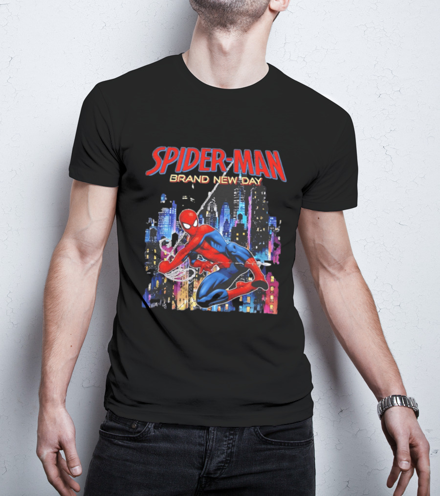 Spider Man Brand New Day Web Superhero Swinging City Night Marvel Studios T-Shirt