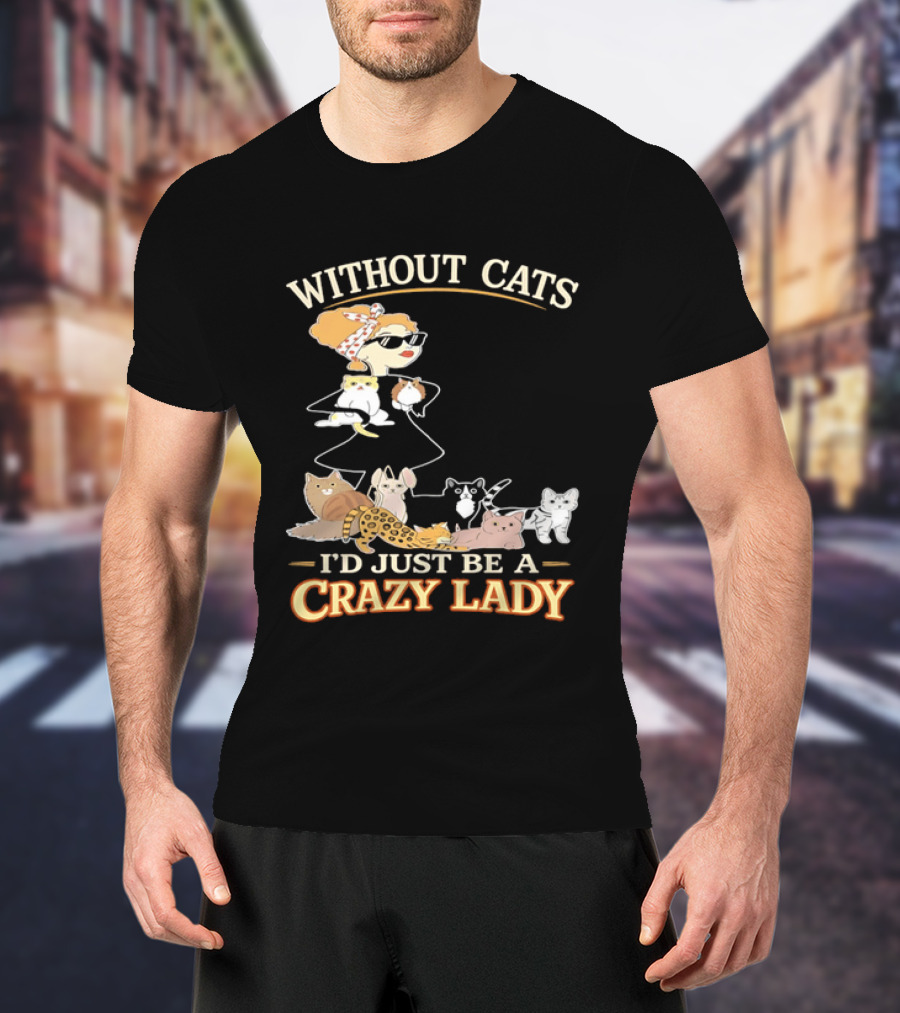 Without Cats I'd Just Be A Crazy Lady Pet Lover Vintage Cartoon T-Shirt