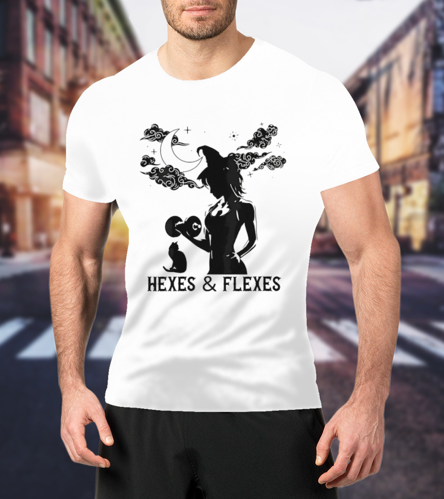 Spooky Fitness Witch Lifting Dumbbell With Cat Hexes & Flexes Moon Clouds T-Shirt