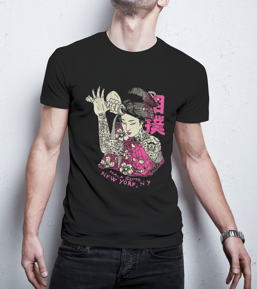 Tattooed Geisha With Katana And Flowers Japanese Samurai Half Sumo New York NY T-Shirt