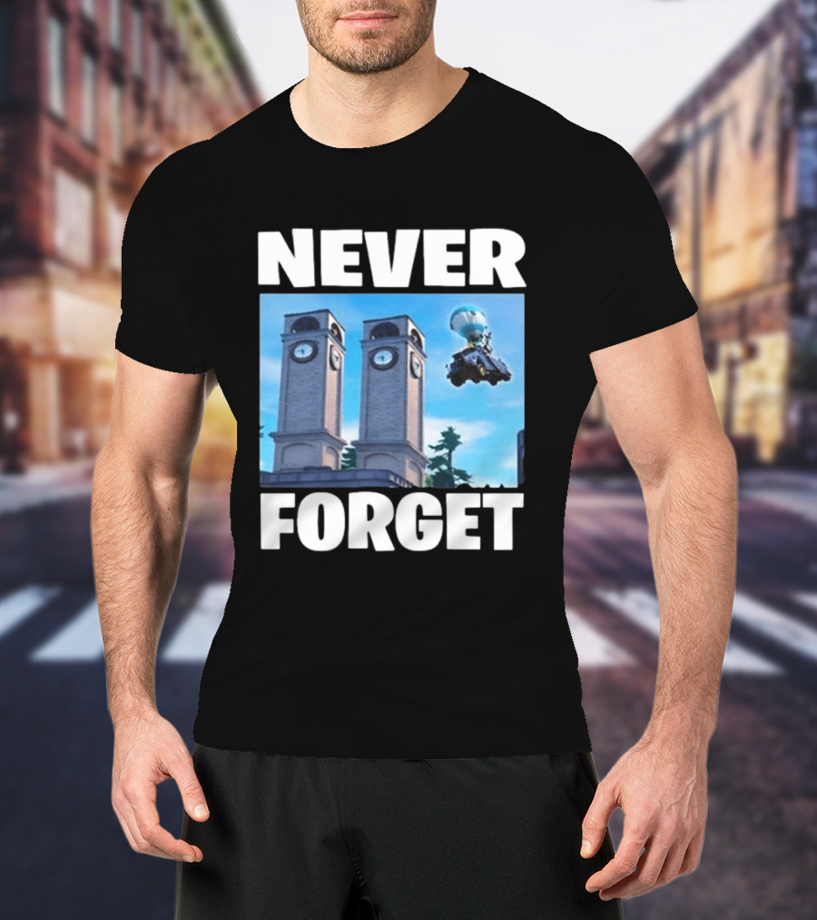 NEVER FORGET Twin Tilted Towers Fortnite Battle Bus T-Shirt
