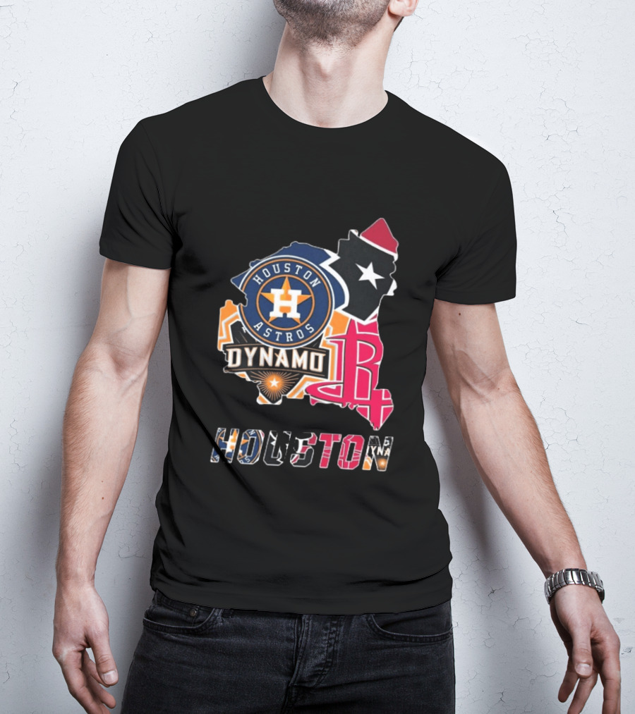 Houston Astros Texans Dynamo Rockets Map Logo Collage T-Shirt