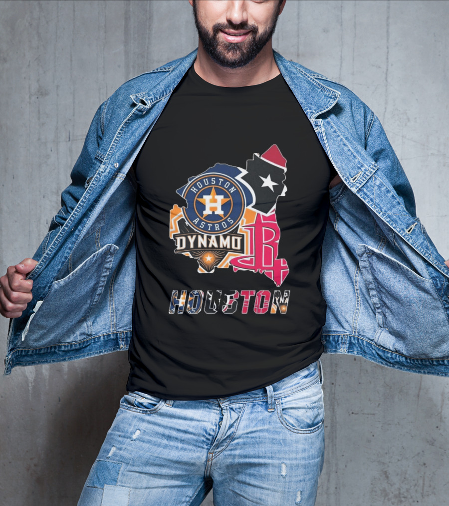 Houston Astros Texans Dynamo Rockets Map Logo Collage T-Shirt