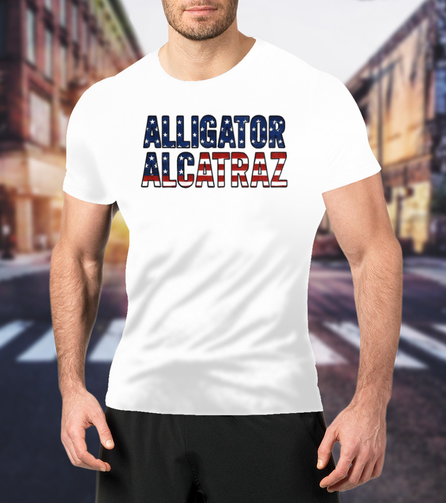 Alligator Alcatraz American Flag Patriotic Stars Stripes T-Shirt