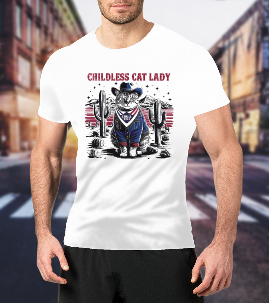 Kamala 2024 Childless Cat Lady Cowboy Desert Cactus Scene T-Shirt
