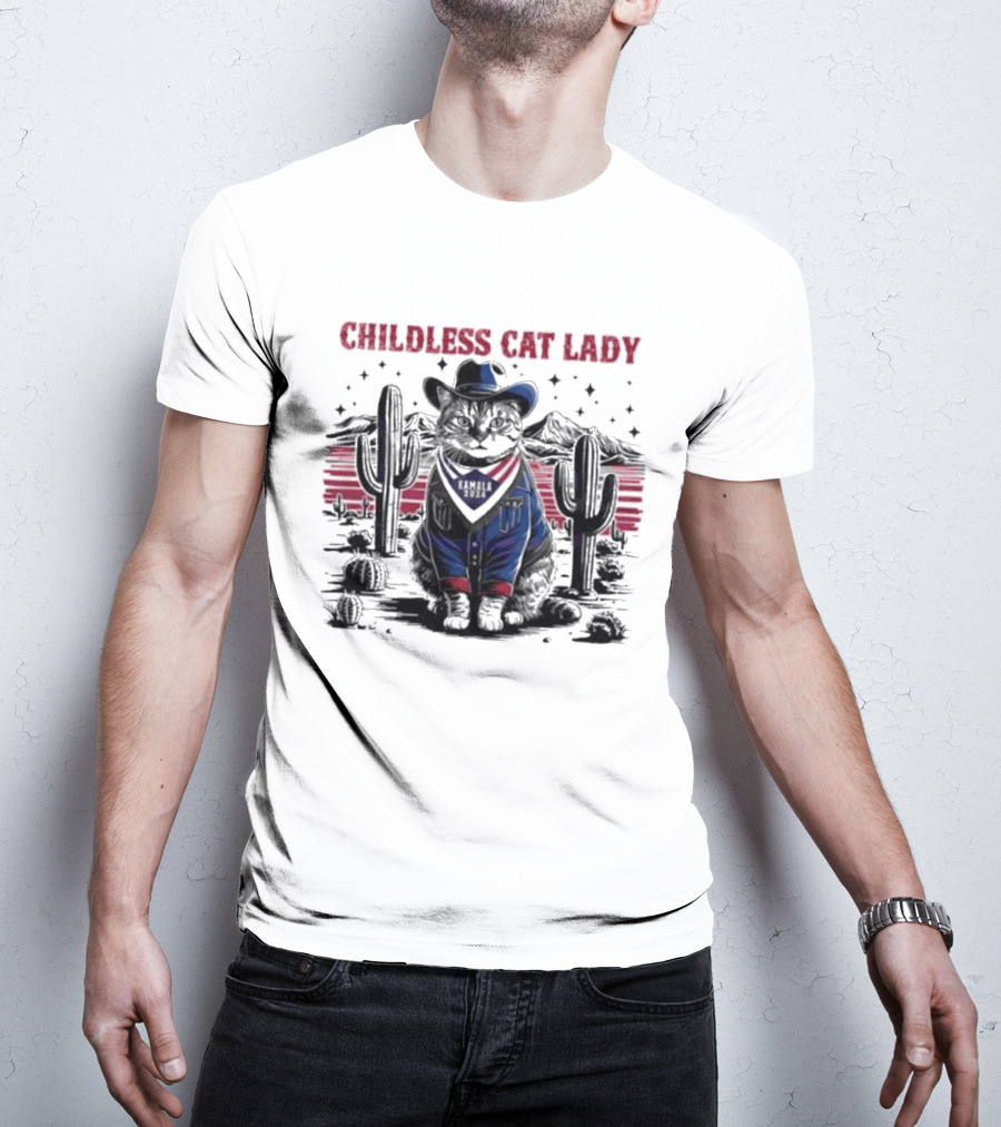 Kamala 2024 Childless Cat Lady Cowboy Desert Cactus Scene T-Shirt